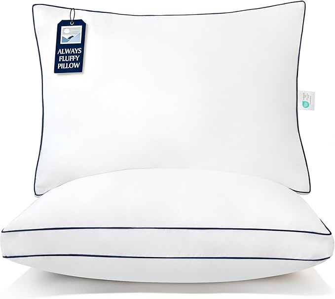 Blue Ridge Home Fashions Hotel Bed Pillows Queen Size Set of 2, 400 Thread Count 100% Cotton Cover, Medium Soft, Support Gusseted Down Alternative Pillow for Back, Stomach or Side Sleepers, 18" x 26"