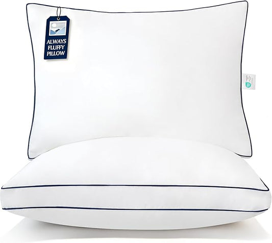 Blue Ridge Home Fashions Hotel Bed Pillows Queen Size Set of 2, 400 Thread Count 100% Cotton Cover, Medium Soft, Support Gusseted Down Alternative Pillow for Back, Stomach or Side Sleepers, 18" x 26"