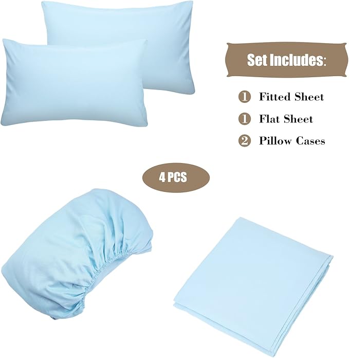4 Piece Bed Sheet Set (Queen,Baby Blue) 1 Flat Sheet,1 Fitted Sheet and 2 Pillow Cases,Brushed Microfiber Luxury Bedding with Deep Pockets