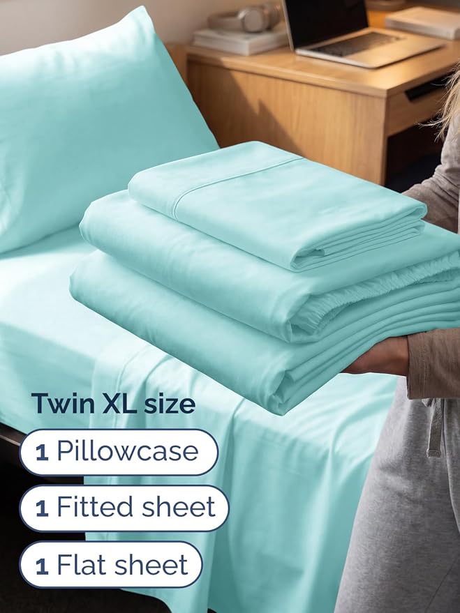 Extra Deep Twin XL Sheet Set - 3 Piece Breathable & Cooling Bed Sheets - Easily Fits 18 to 24 inch Mattress - Ultra Soft, Wrinkle & Fade Free w/ Extra Deep Pockets - Hotel Luxury Bedding - Spa Blue