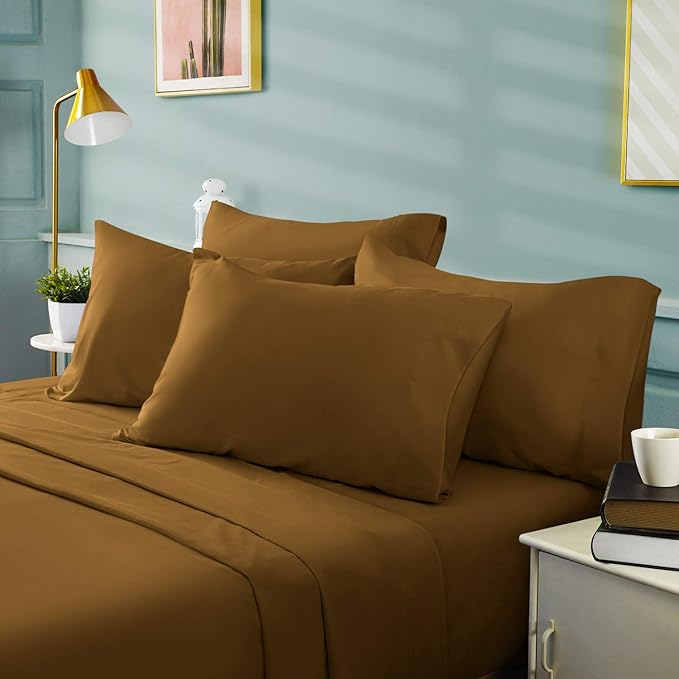 BYSURE 6 Pieces Bed Sheets Set(Full, Mocha) - Super Soft 1800 Thread Count 100% Microfiber Sheets with Deep Pockets, Wrinkle & Fade Resistant