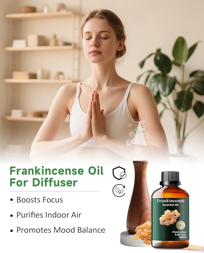 Frankincense Essential Oil, Mumianhua Pure Frankincense Oil, Steam-Distilled for Meditation Focus, Skin, Grounding Aroma for Diffuser, DIY Serum & Candle Making, 3.38 Fl Oz