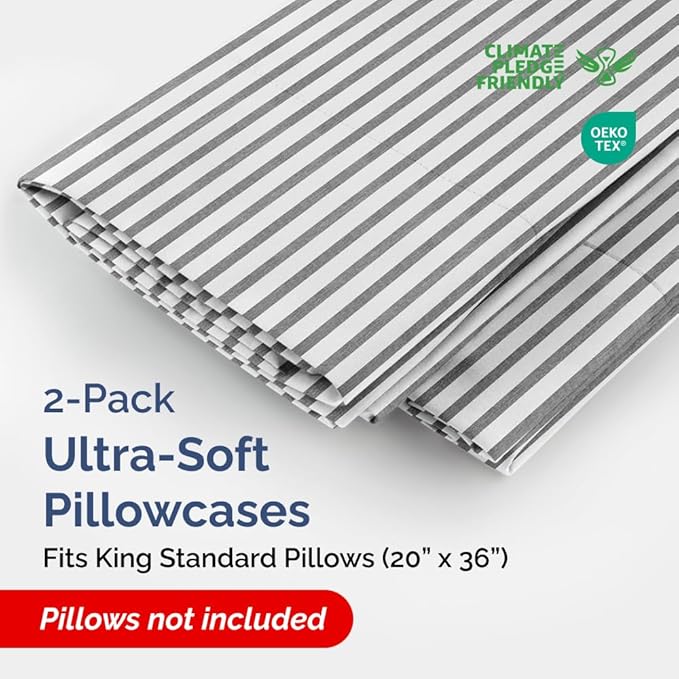 King Standard Pillow Cases Set of 2 - Ultra-Soft Hotel Quality Pillowcase Covers - Comfy, Cozy & Fade Free - Wrinkle Resistant - Machine Washable Pillow Protectors - 2 Piece Set - Grey Stripes 2