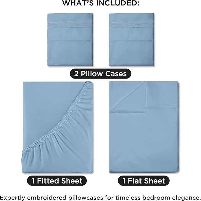ROYALE LINENS 4 Piece Full Sheets Set - Soft Brushed 1800 Microfiber Bedding - 1 Fitted and 1 Flat Sheet, 2 Pillow Cases - Wrinkle Free & Fade Resistant - Hotel Luxury Bed Sheets (Lake Blue, Full)
