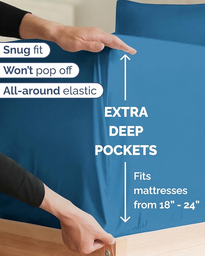 Extra Deep Twin XL Sheet Set - 4 Piece Breathable and Cooling Sheets - Hotel Luxury Bedding for Women, Men, Kids & Teens - Easy & Secure Fit - Soft and Wrinkle Free - Extra Deep Pockets - Denim Blue