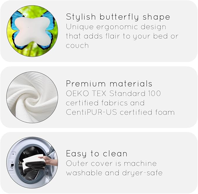 pillosophy SleepTheory Pillow • Butterfly Shape • Memory Foam Core • Contoured for Neck & Shoulder Alignment • Washable Cover • Medium Firmness • Perfect as Bed or Throw Pillow (Standard Size)