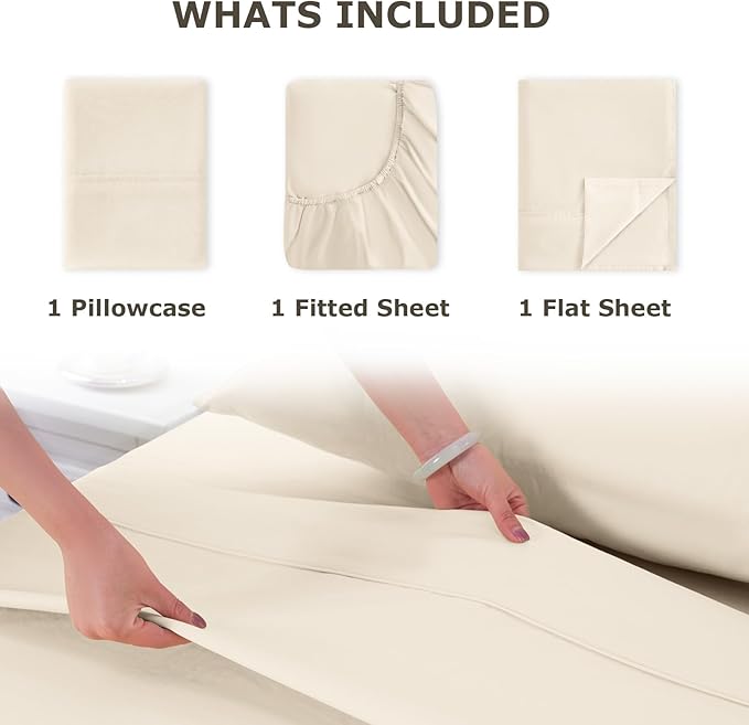 Twin Size Bed Sheet Set - 3 Piece Soft Microfiber Sheets with Deep Pockets, Cooling Technology, and Wrinkle-Free Pillowcase. Hotel-Quality, Durable Bedding, Cream