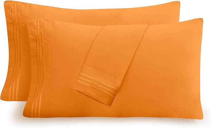 Mocassi 2-Piece Premium King Pillowcase Set 1800 Series Hotel Quality Microfiber - Soft and Breathable with 3-Line Embroidery Wrinkle and Stain Resistant, Easy Care, 20" x 40", Orange