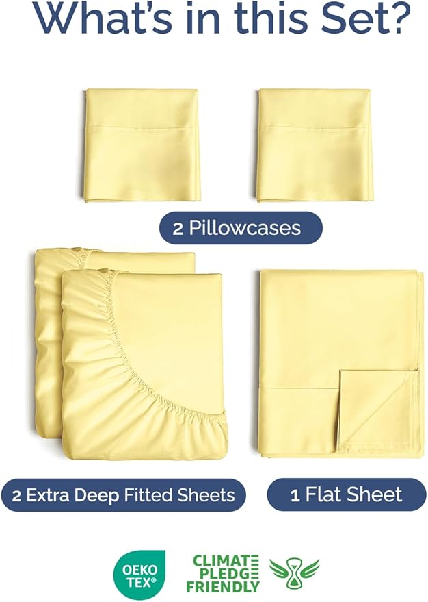 Extra Deep Split King Sheet Set - 5 Piece Breathable & Cooling Bed Sheets - Easily Fits 18 to 24 inch Mattress - Ultra Soft, Wrinkle & Fade Free w/ Extra Deep Pockets - Hotel Luxury Bedding - Yellow