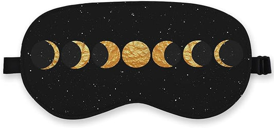 Boho Sun Moon Silk Eye Mask for Sleeping,Black Gold Moon Blindfold Adjustable Strap Night Sleep Mask for Women Girls, Dorm Airplane Travel Nap, Boho Moon Phase Sleeping Mask Eye Cover