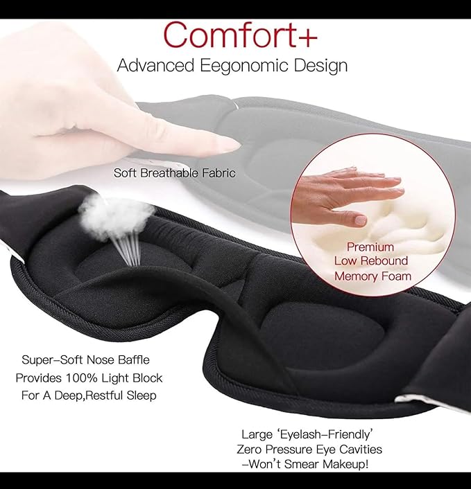 Comfort+ Advanced Ergonomic Sleep Mask, Premium Low Rebound Memory Foam, Soft Breathable Fabric, Super-Soft Nose Baffle for 100% Light Block, Large Zero Pressure Eye Cavities