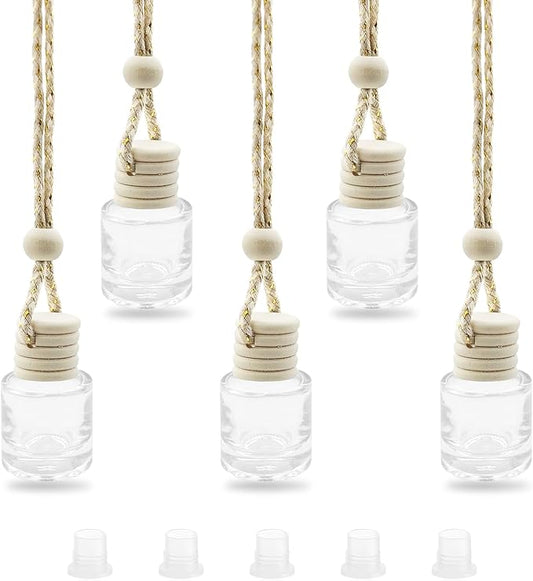 5 pcs Car Hanging Empty Glass Perfume Bottles Pendant Bottle, DIY Air Freshener Pendant, Empty Clear Glass Essential Diffuser Oil Aromatherapy, Glass Bottle Decor (Cylindrical)