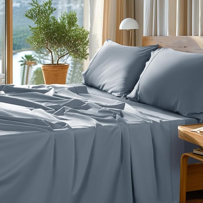SONORO KATE 100% Egyptian Cotton Sheets Set - 1000 High Thread Count, Luxury 5-Star Hotel Sateen Bed Sheets, Soft, Breathable Long Staple Sheets, Fit up to 16" - 4 PC (French Blue,King)
