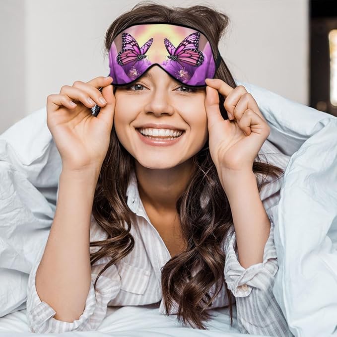Purple Butterfly Silk Sleep Mask with Adjustable Strap for Travel, Nap, Shift Work, Office