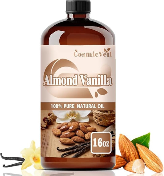 Almond Vanilla Essential Oil Almond Vanilla Oil for Aroma Diffuser,Humidifier,Home Fragrance,Cleaning,Body Care,Massage,Yoga,DIY Candle,DIY Soap CosmicVeil（Almond Vanilla，16 Fl Oz (Pack of 1)）