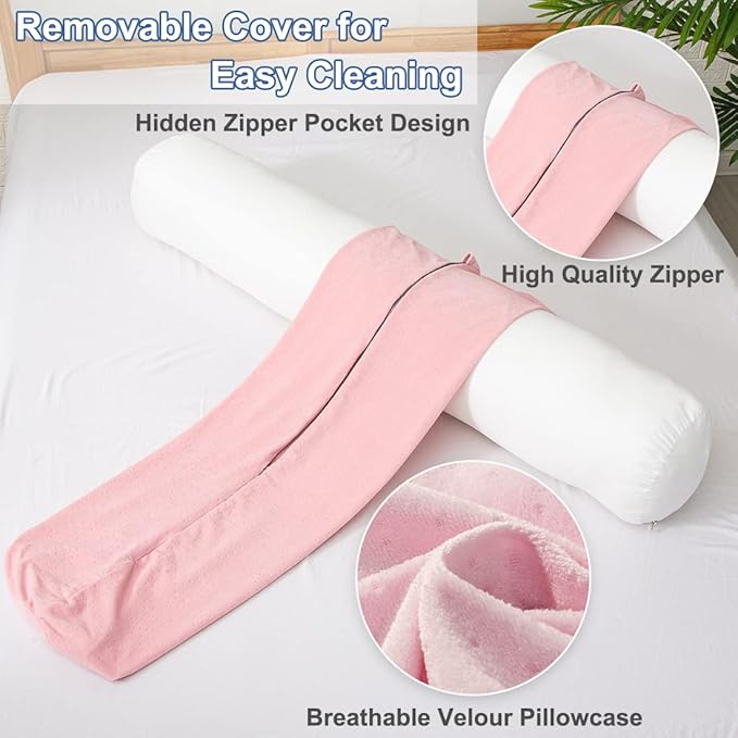 1 MIDDLE ONE Body Pillow for Adults, Bolster Pillow with Removable Velour Cover, Long Round Roll Cylinder Pillow for Bed, 47" x 7.87", Pink