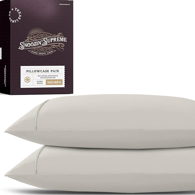 TEXAS LINEN CO. 100% Egyptian Cotton Pillowcases Queen Size Set of 2 - Luxury Snoozin' Supreme Collection 2000 Series Standard/Queen Pillow Cases, Envelope Closure Hotel Pillowcase (Light Grey)