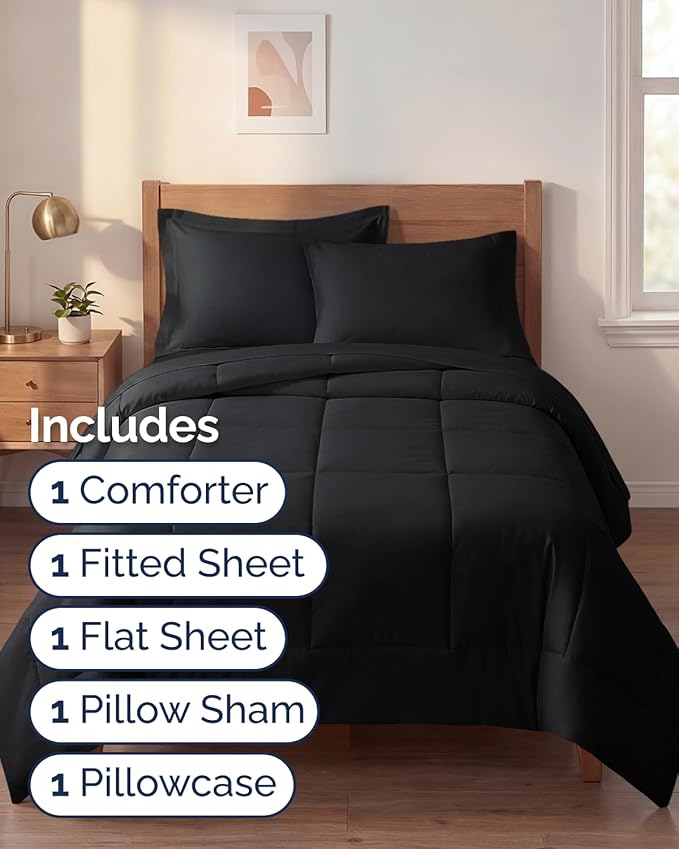 Twin XL Comforter Set - 5 Piece Bed in a Bag Twin XL Size Bed Set - Down Alternative Comforter, Flat Sheet, Fitted Sheet, Pillowcase & Sham for All Seasons - Ultra Soft, Comfy and Breathable - Black