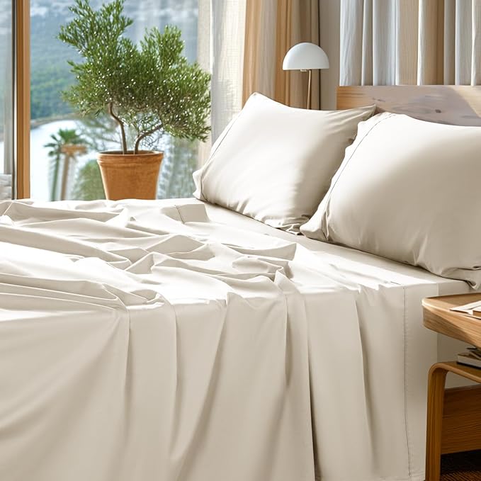 SONORO KATE 100% Egyptian Cotton Sheets Set - 1000 High Thread Count, Luxury 5-Star Hotel Sateen Bed Sheets, Soft, Breathable Long Staple Sheets, Fit up to 16" - 4 PC (Cream,Queen)