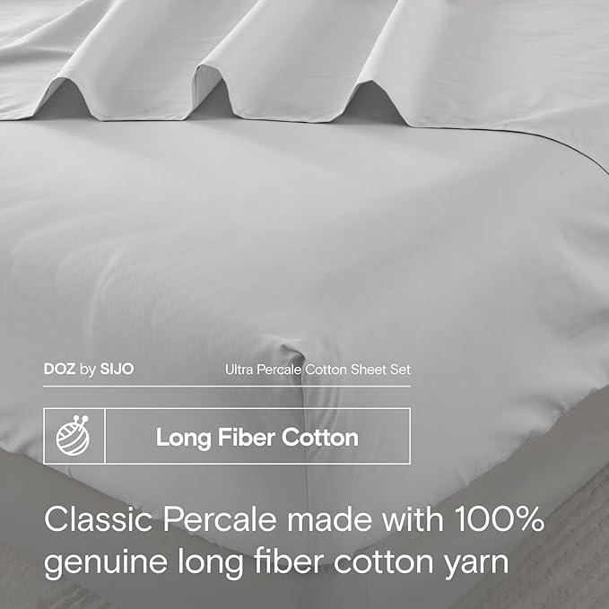 DOZ 100% Long Staple Cotton Sheet Sets, Classic Crisp Percale Weave, Breathable, Matte Finish, Hotel Style, Durable, 3pc – 2 Pillowcases 1 Fitted (Dove, Cal King)