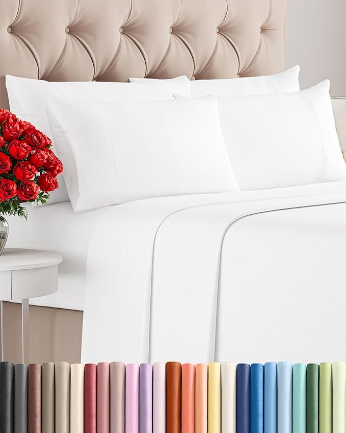 Full 6 Piece Sheet Set - Comfy, Breathable & Cooling - Soft Hotel Luxury Bedding for Women, Men, Kids, Teens & Children - 1 Flat & 1 Fitted Sheet & 4 Pillowcases w/ Deep Pockets - Wrinkle Free - White