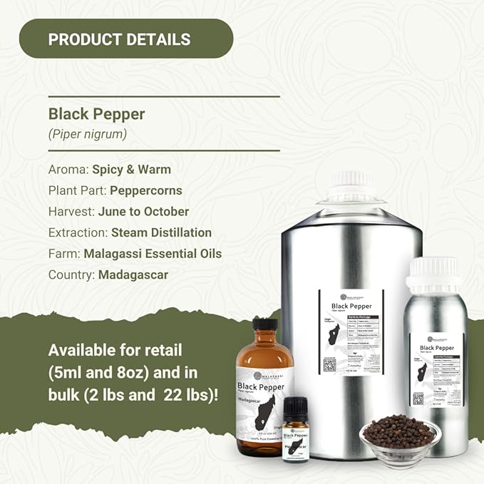 Black Pepper Essential Oil - Direct from Madagascar Farms - Steam Distilled - Aceite Pimienta Negra for Aromatherapy, Massage, Diffuser, DIY Candle and Soap Making - 2lbs