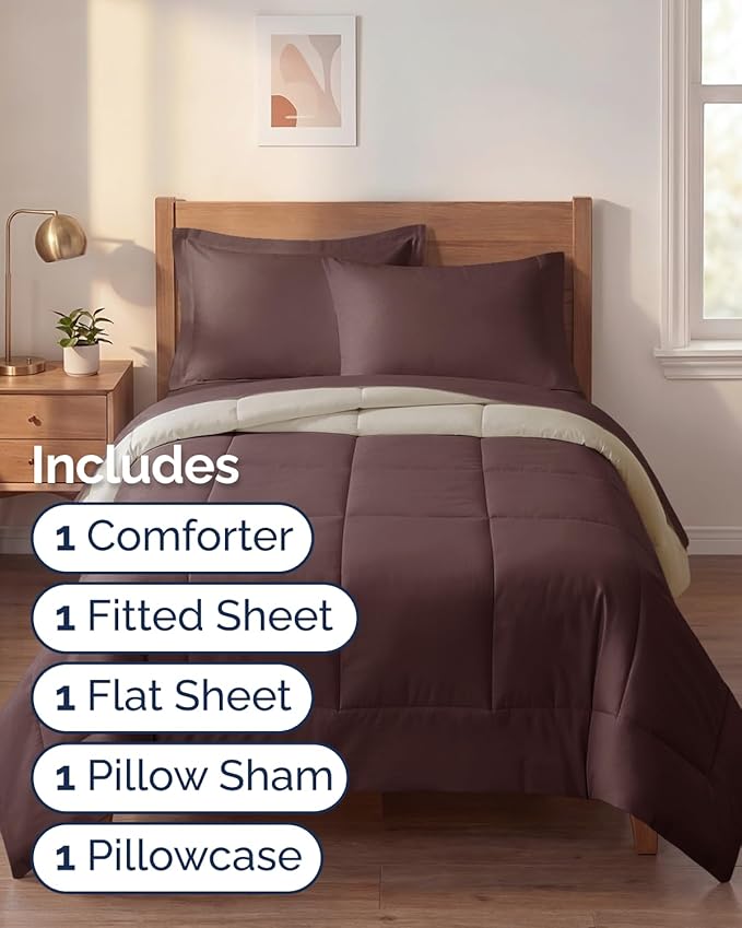 Twin XL Comforter Set - 5 Piece Bed in a Bag Twin XL Size Bed Set - Down Alternative Comforter, Flat Sheet, Fitted Sheet, Pillowcase & Sham for All Seasons - Soft, Comfy and Breathable - Brown/Beige