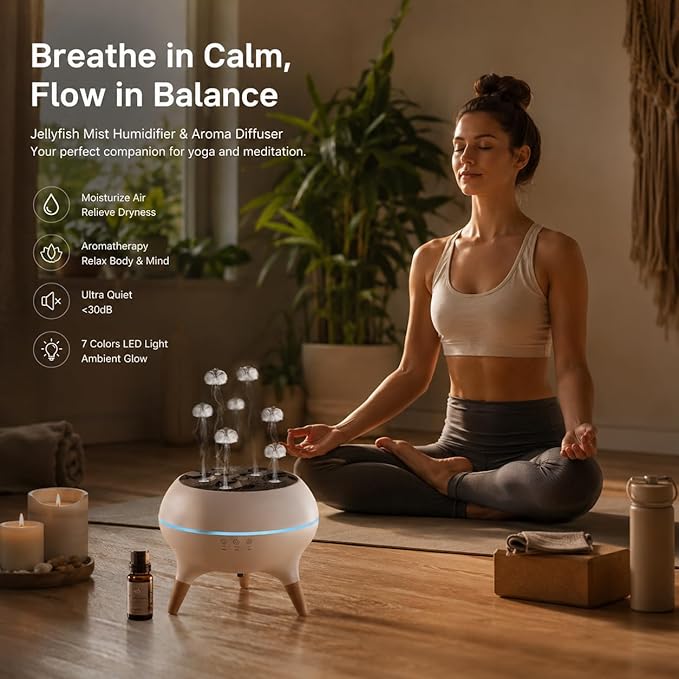 Mushroom Cloud Humidifier, Aromatherapy Essential Oil Diffuser with Sound-Activated Mode, 7-Smoke Modes Jelly Fog & Color LED, Large Water Tank with Auto-Shutoff, for Home Bedroom Office