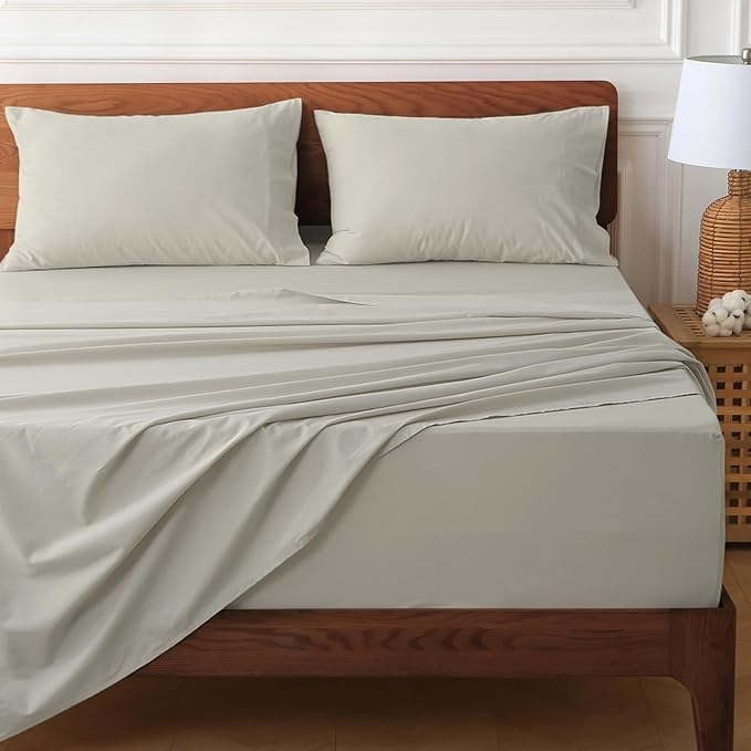 HYPREST 100% Cotton Percale Sheets Queen Size - 18-24 Extra Deep Pocket Bed Sheet Set Queen, Crisp & Breathable Cooling Bedding (Greige)