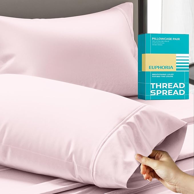 Thread Spread 100% Egyptian Cotton King Size Pillow Cases Set of 2 - Luxury 800 Series Euphoria Collection Pillow Cases King Size (Blush), Soft Cooling Breathable Hotel Cotton Pillowcases