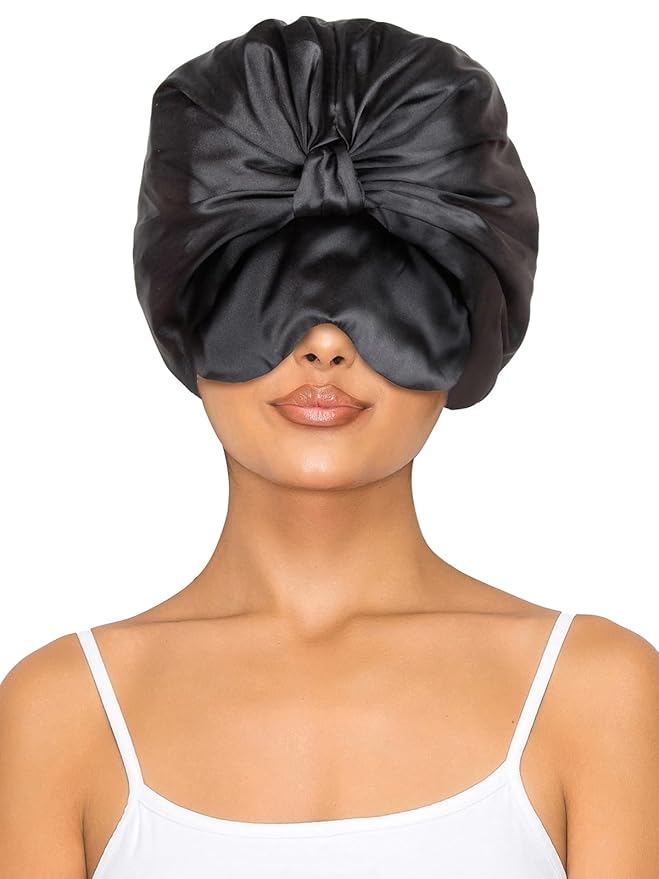 Double Layer Satin Bonnet with Eye Mask Adjustable Silk Sleep Cap Turban Style Hair Wrap for Curly Hair Black