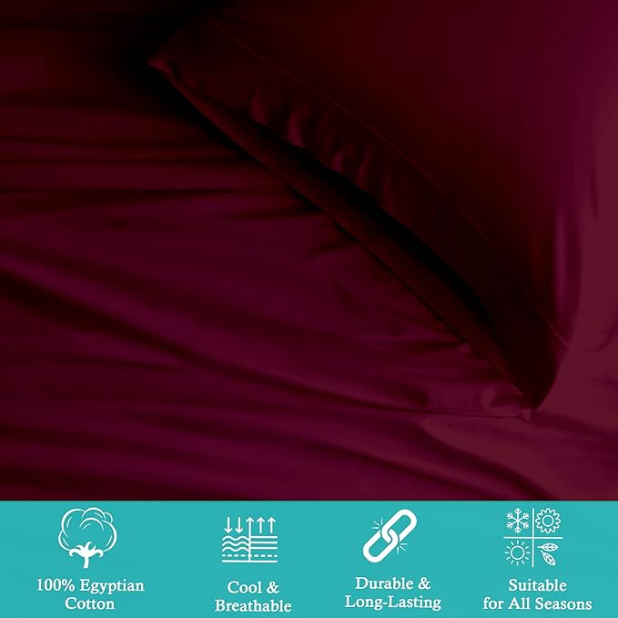 Queen 4 Pc Sheet Set 600 TC Egyptian Cotton Sheets Queen Size Cotton Sheets for Queen Size Bed Sateen Long Staple Deep Pockets Flat Fitted Pillow Case Better Than Percale Hotel Quality Burgundy