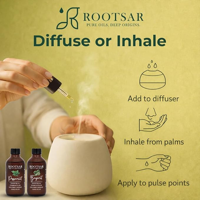 Peppermint & Bergamot Essential Oils Set – 100% Pure & Natural Aromatherapy Diffuser Oils for Focus, Energy, Stress Relief & Mood Support – Premium Uplifting Duo, 4 FL OZ / 118 ML