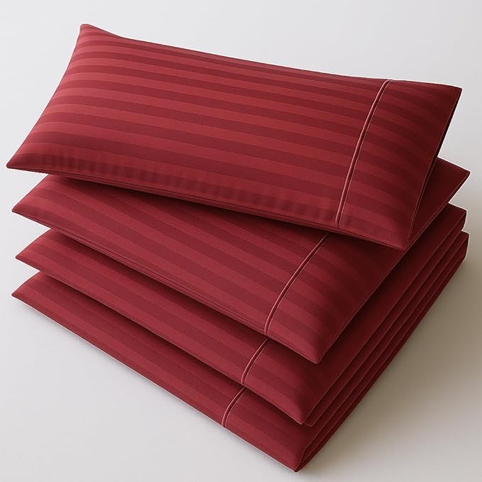 Mattress-Homes Hotel Quality Premium Pillowcases King Size Set of 4 Cotton Pillows for Sleeping, Smooth & Silky Cozy Breathable Bed Pillow Covers Machine Washable in Burgundy Stripe
