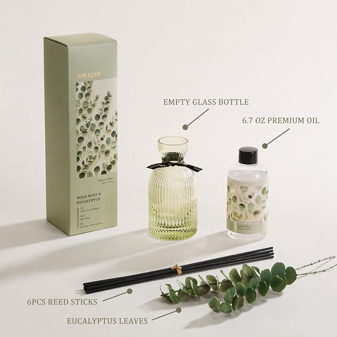 Airkeep Reed Diffuser Set 6.76 oz – Wild Mint & Eucalyptus Home Fragrance with Eucalyptus Sticks – Decorative Glass Bottle for Bathroom, Bedroom & Living Room Décor – Gift Ready