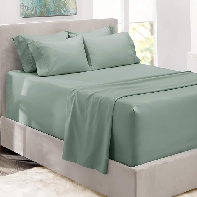 Hearth & Harbor Bed Sheets, Luxury Soft 6 Piece Bed Sheet Set Extra Deep Pocket Fitted Sheets Fits Mattress up to 21", Double Brushed Bedding Sheets & Pillowcases, Full, Ice Green