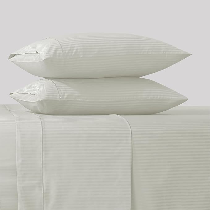 Feather & Stitch 500 TC California King Size Bed Sheet Set, 100% Cotton Soft Breathable Bedsheets, 4 Piece 18" Deep Pockets Sateen Weave Striped Bedding Mattress Resort Hotel - (Blue Blush Stripe)