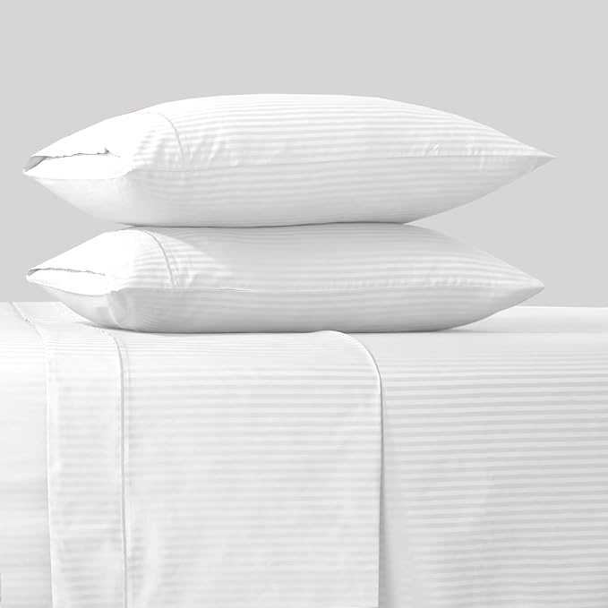Feather & Stitch 500 TC Full Size Damask Bed Sheet Set, 100% Cotton Soft Breathable Bedsheets, 4 Piece 18" Deep Pockets Sateen Weave Striped Bedding Mattress Resort Hotel Luxury- (White Stripe)