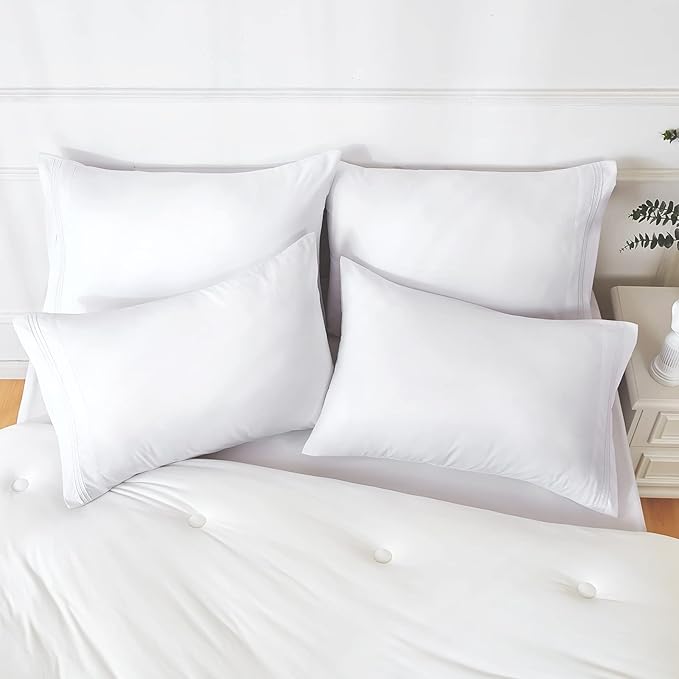 YIYEA Pillow Cases Standard Size Set of 4, Ultra Soft 1800TC Hotel Quality Double Brushed Microfiber Embroidered Pillowcases, Envelope Closure, Fade Resistant (20"x26", White)
