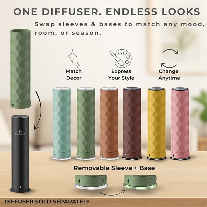 Waterless Essential Oil Hotel Scent Diffuser - Cold Air Diffuser - Covers 1000 sq. ft. - Waterless Diffuser for Home, Office & Hotel (Black + Interchangeable Sleeve) (Black + Purple/Pink/Blue Sleeve)