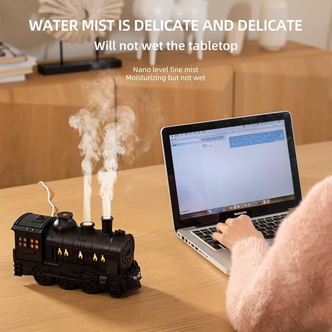 300ml Vintage Steam Train Essential Oil Diffuser, Humidifier with Dual-Color LED Light, Ultra-Quiet Aromatherapy, Auto Shut-Off, Adjustable Mist Modes, for Home, Office