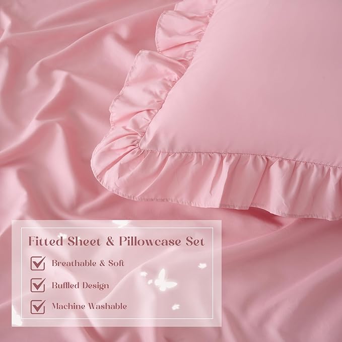 Homiest 3-Pieces Ruffle Pillow Case & Fitted Sheet Set, Light Pink King Sheets with 2 Ruffled Pillow Shams, 15 Inch Deep Pocket, Cute & Coquette Microfiber Bed Set for Decorating Bedroom Hotel