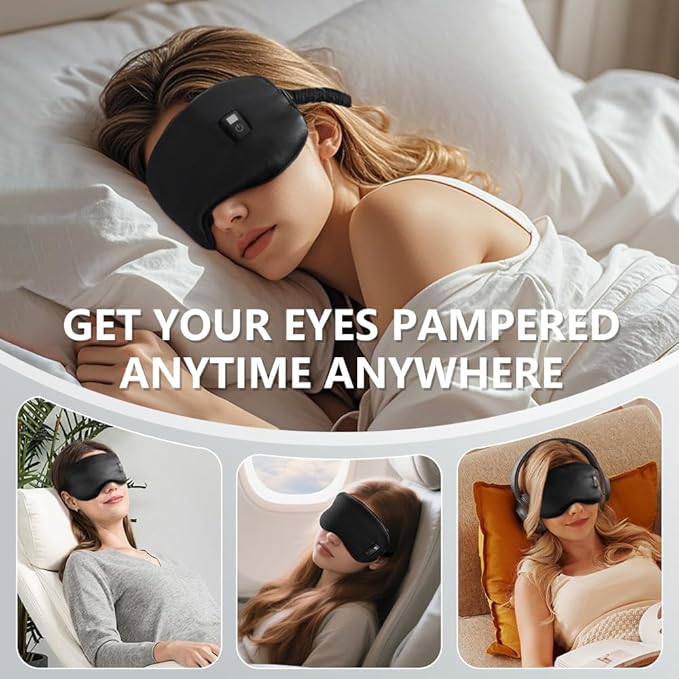 Rechargeable Heated Eye Mask for Sleeping - Soft 100% Mulberry Silk Sleep Mask for Women & Men, Portable Electric Heat Therapy for Dry Eyes, Headache, Puffy Eyes (Charcoal Black)