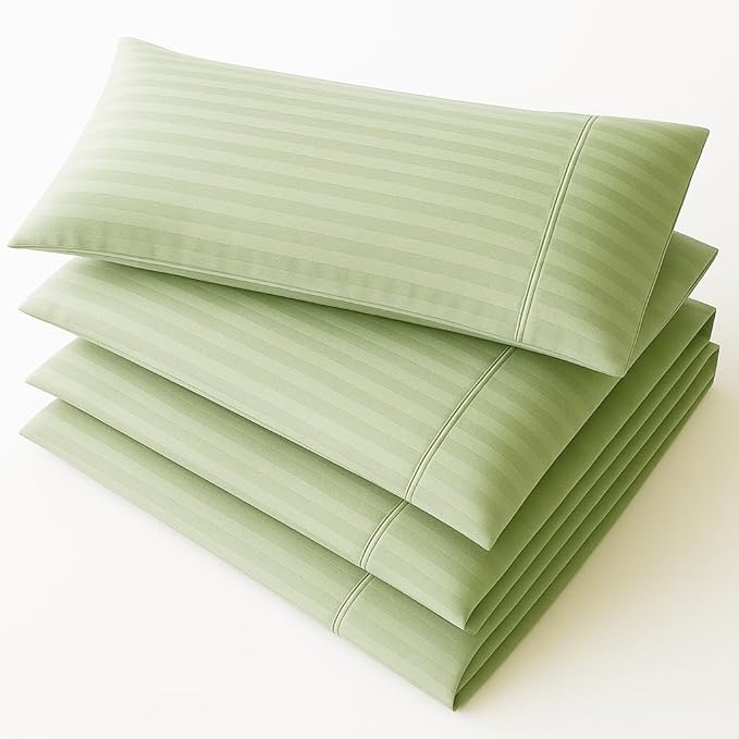 Mattress-Homes Hotel Quality Premium Pillowcases Queen Size Set of 4 Cotton Pillows for Sleeping, Smooth & Silky Cozy Breathable Bed Pillow Covers Machine Washable in Sage Stripe