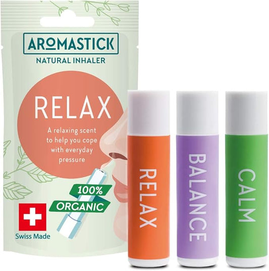Aromatherapy Nasal Inhaler [Swiss Made] Organic Essential Oils Set Diffuser [ Portable Aromatherapy Stick] (1 Stick, Focus) (3 Count (Pack of 1), 3pcs Stress Relieving Pack (Relax, Balance, Calm))