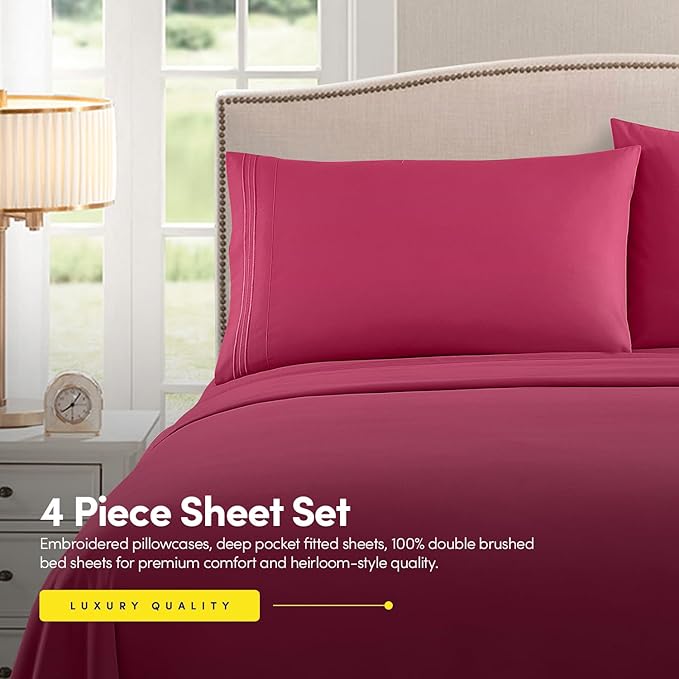 1500 Supreme Collection Twin XL Sheet Sets Fuschia - 3 Piece Bed Sheets and Pillowcase Set for Twin XL Mattress - Extra Soft, Elastic Corner Straps, Deep Pocket Sheets, Twin XL Fuschia