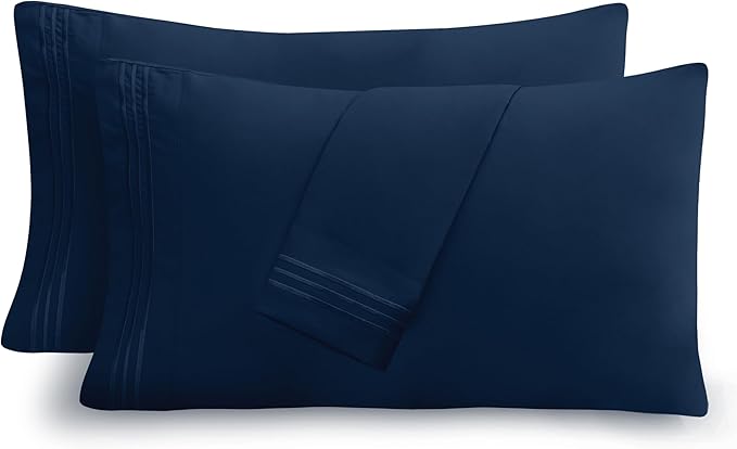 Mocassi 2-Piece Premium Standard/Queen Pillowcase Set 1800 Series Hotel Quality Microfiber - Soft and Breathable with 3-Line Embroidery Wrinkle and Stain Resistant, Easy Care, 20" x 30", Navy Blue