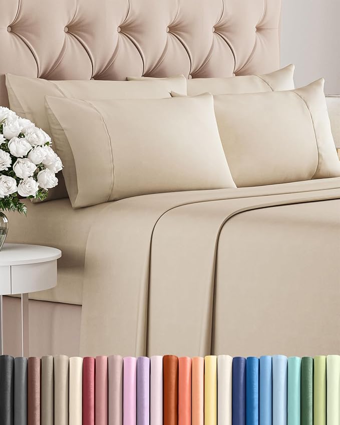 Queen 6 Piece Sheet Set - Comfy, Breathable & Cooling - Hotel Luxury Bedding for Women, Men, Kids, Teens and Children - 1 Flat & 1 Fitted Sheet & 4 Pillowcases w/ Deep Pockets - Wrinkle Free - Wheat