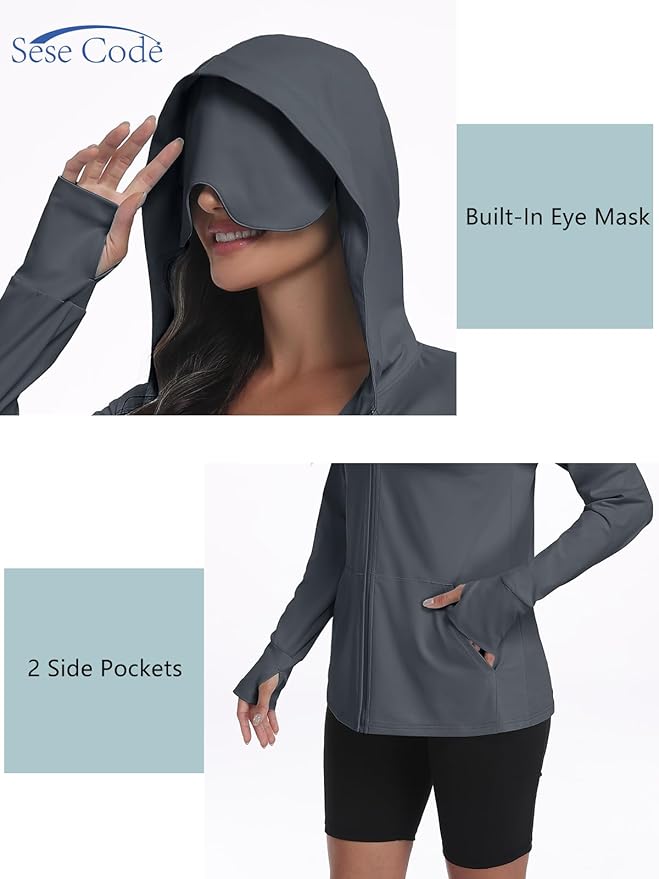 SeSe Code UPF 50+ Hoodie With Eye Mask Womens Zip Up Travel Jackets Sleep Sun Protection Shirts Pockets Outdoor Nap