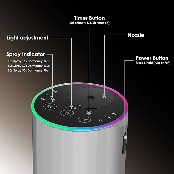 Waterless Essential Oil Diffuser, 7 Colors LED Light, Battery Powered Mini Scent Air Machine, Aromatherapy Mist Diffuser for Home Room Car Office，Black Aluminum Alloy (Silver-LED)